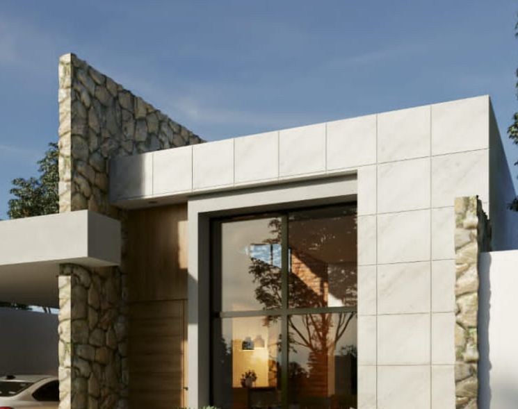 Render de fachada moderna en piedra y mármol — proyecto de casa habitación